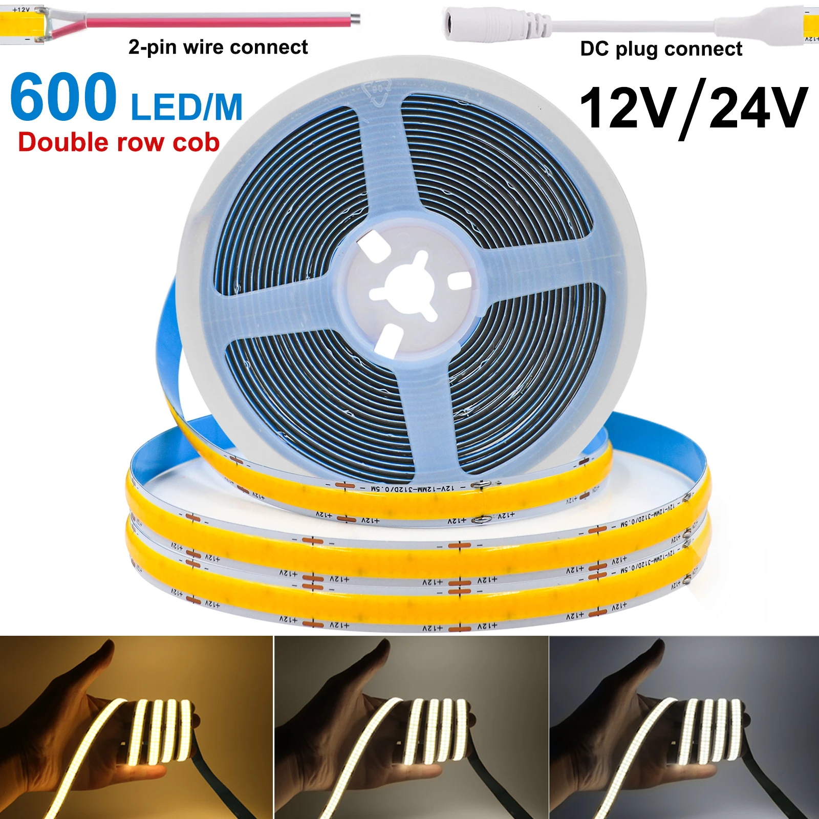 

COB LED Strip Light Double Row 600 LEDs/m Super Bright Flexible Tape Linear Dimmable RA90 12V 24V White/Warm White/Natural White