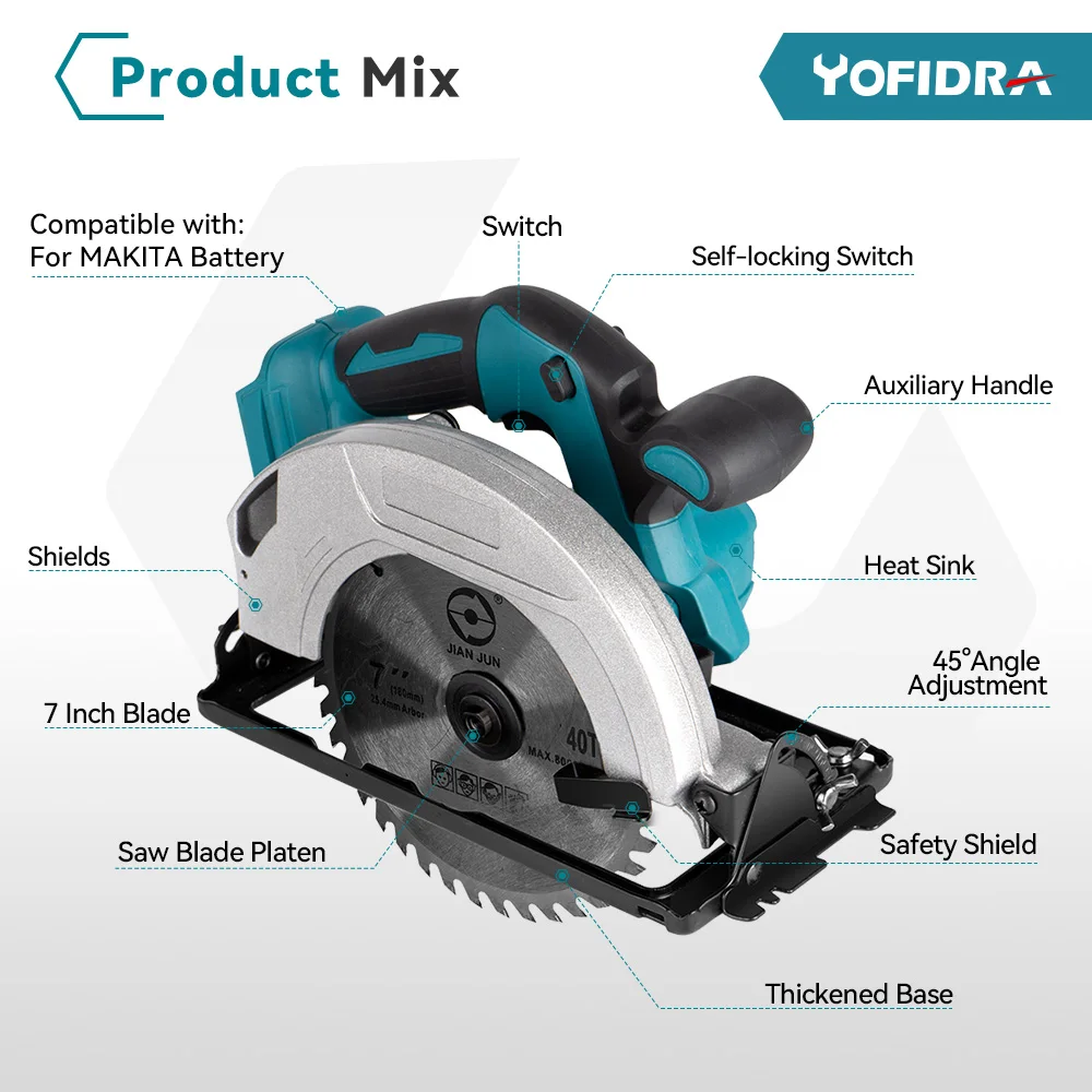 Yofidra 7 Zoll bürstenlose Kreissäge 180mm 0-45 ° Mehr winkels ch neiden für Makita 18V Batterie elektrische Säge Holz bearbeitung Elektro werkzeug