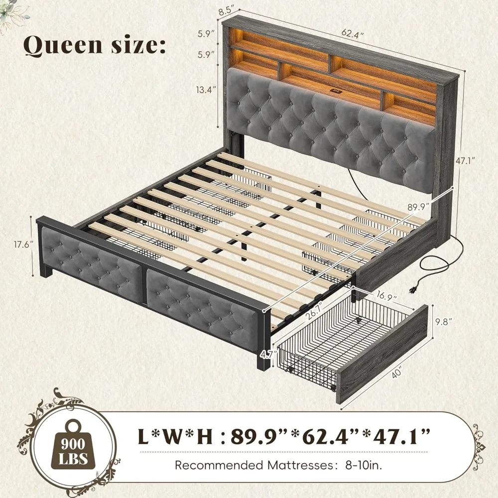Queen Size Bed Frame with Storage Headboard and 4 Storage Drawers, Velvet Led Queen Size Bed Frame with Charging Station 2