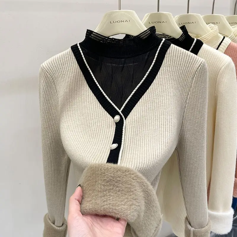 

Fake Two-piece Half High Collar Patchwork Gauze Thick Sweater Women's Winter Fashion Solid Long Sleeve Pullover Knit Bottom Tops