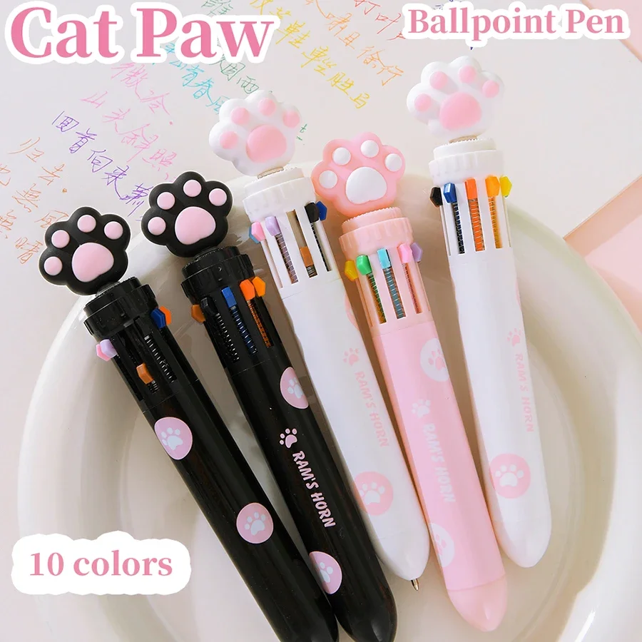 

Cute Cat Paw Cartoon Silicone 10 Colors Ballpoint pen Kawaii Cat's claw multi-color pen for student hand account Ballpoint Pen