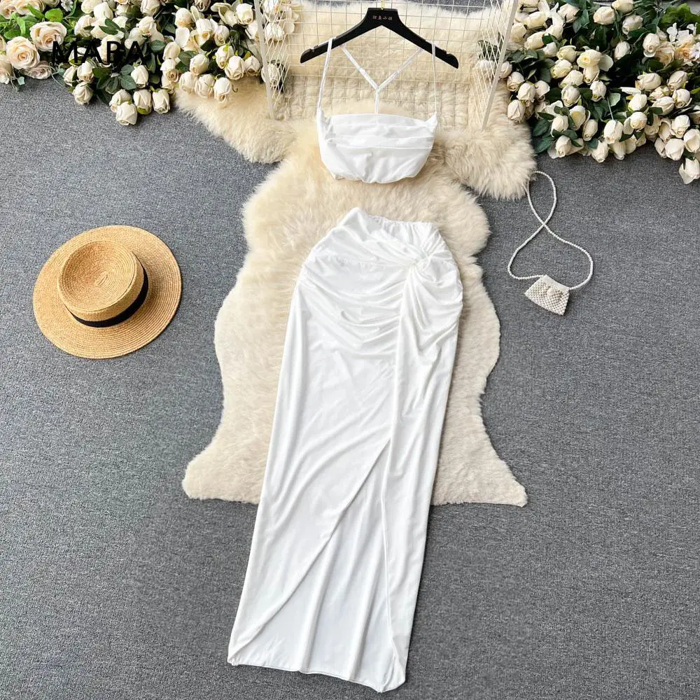

Summer Women Sexy Beach Holiday White Skirt Suit New Ladies Short Top+slim Side Slit Leg Pencil Half Skirt Boho 2 Piece Set