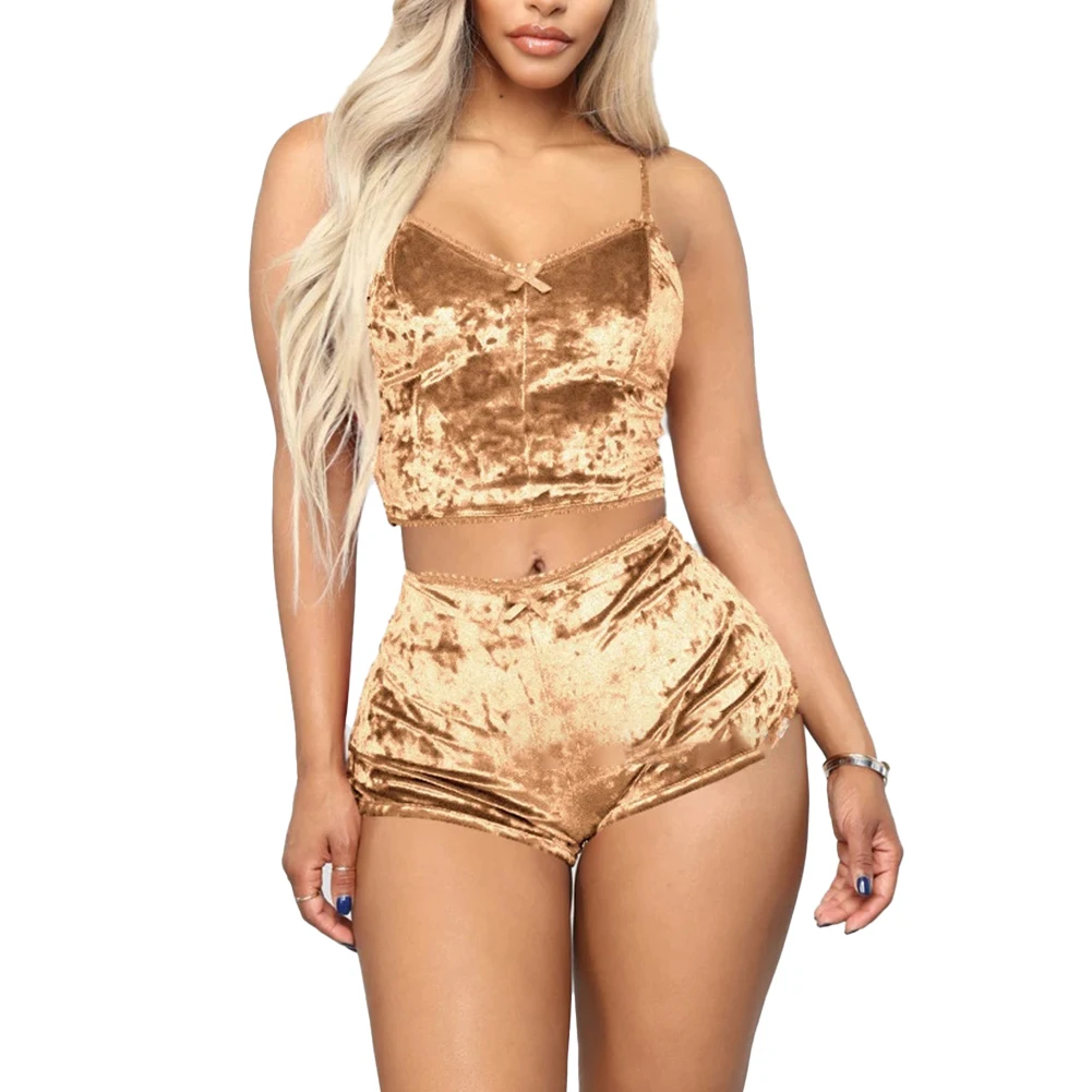 Frauen Sexy Dessous Set Öl Glänzende Nachtwäsche Super Weiche Kurze Nachtwäsche Ärmel Crop Tops Solide Shorts Pyjamas Set Casual Wear – Detail 14