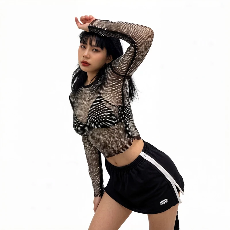 Sexy Strass-Fischnetz-Langarm-Mesh-Top für Damen, durchsichtiges transparentes T-Shirt, figurbetontes Party-Clubwear, erotische Dessous, Streetwear