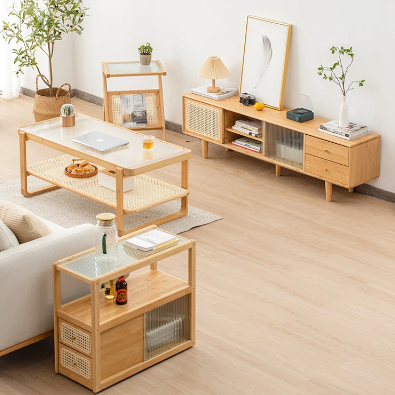 Wood Living Room Coffee Table Modern Rattan Rectangular Coffee Table Patio Rustic Basse Ronde De Salon Home Bar Furniture