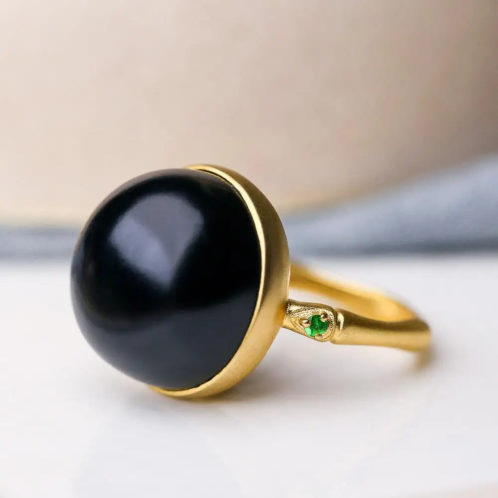 Silver Rings Silver Ring Jade Ring Natural Hetian black jade round bead opening adjustable ring Chinese retro elegant bamboo charm