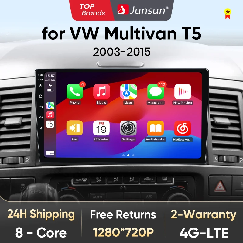 Junsun-reproductor Multimedia V1 con GPS para coche, autorradio 2Din con Android, CarPlay inalámbrico, voz IA, 4G, para Volkswagen Multivan T5 2008-2015