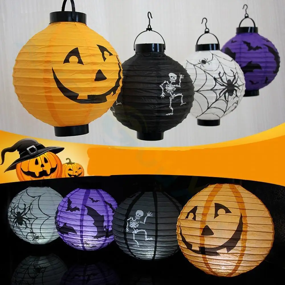 Paper Lantern LED Lantern 8inch LED Halloween Paper Pumpkin Hanging Lantern Light Horror Spider Halloween Decor Gift Lampion Holiday DIY Decorations