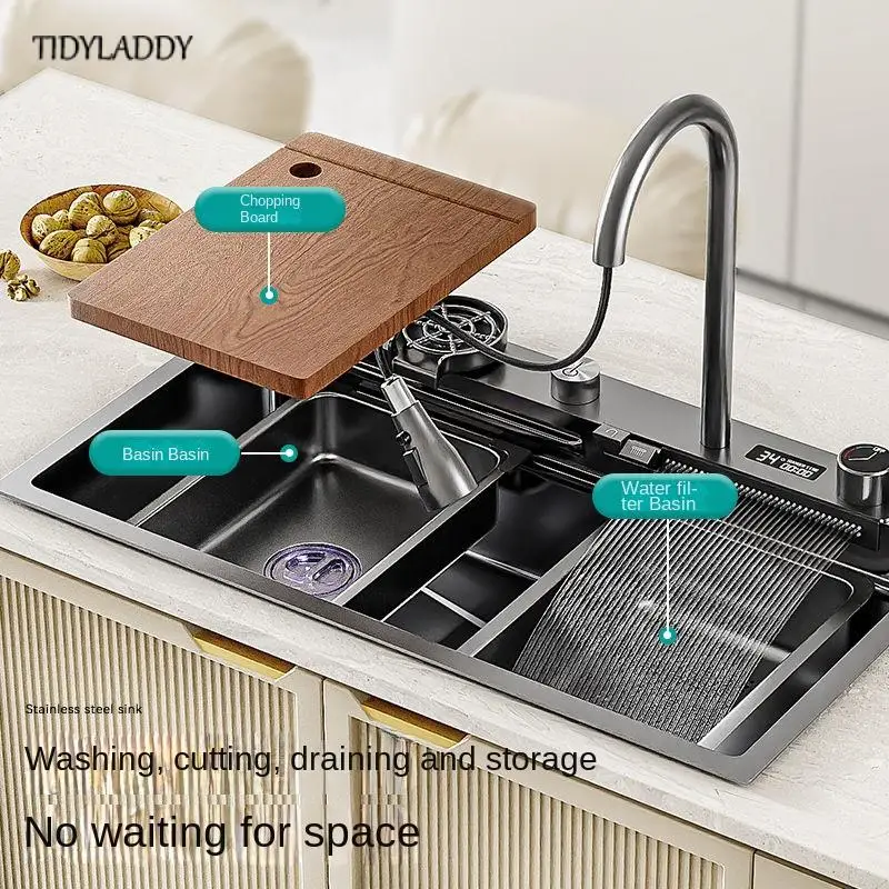Digital Display Waterfall Sink Multifunctional Stainless Steel Large Single Slot Kitchen Accessories Gourmet Faucet Kitchen 4