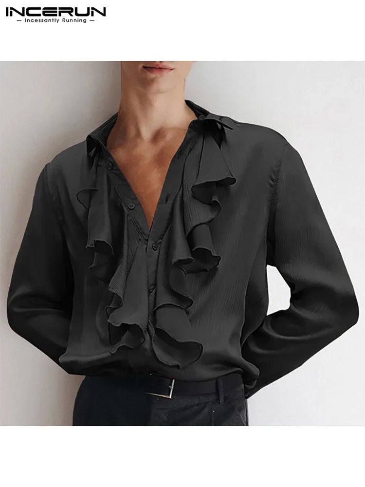 Handsome Well Fitting Men Tops 2023 Solid Comfortable Blouse Casual Hot Sale Male Loose Ruffled Long-sleeved Shirt S-5XL INCERUN
