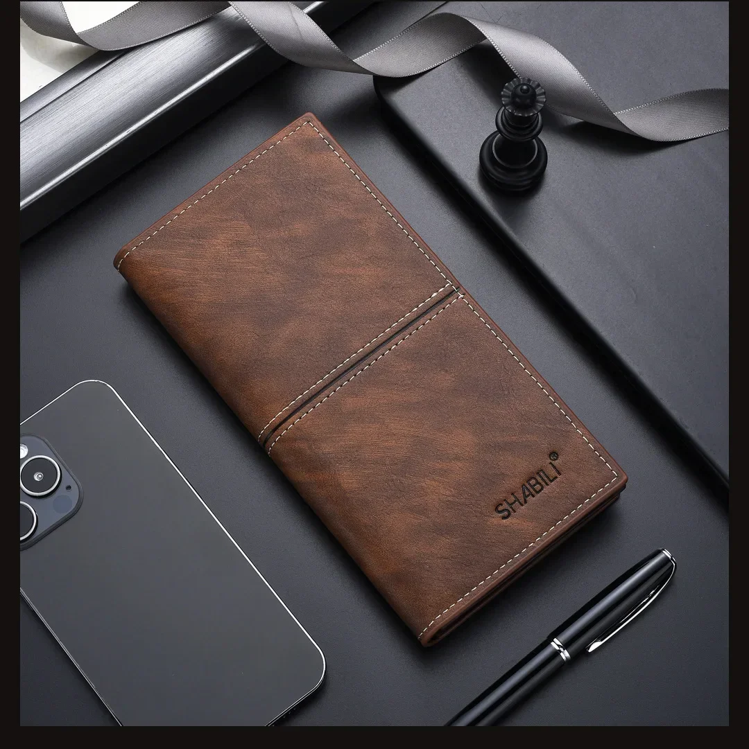 Pu Leather Long Thin Slim Wallet Vintage Male Credit Card Holder Brown Money Purses Solid Simplicity Business Wallet for Man 3