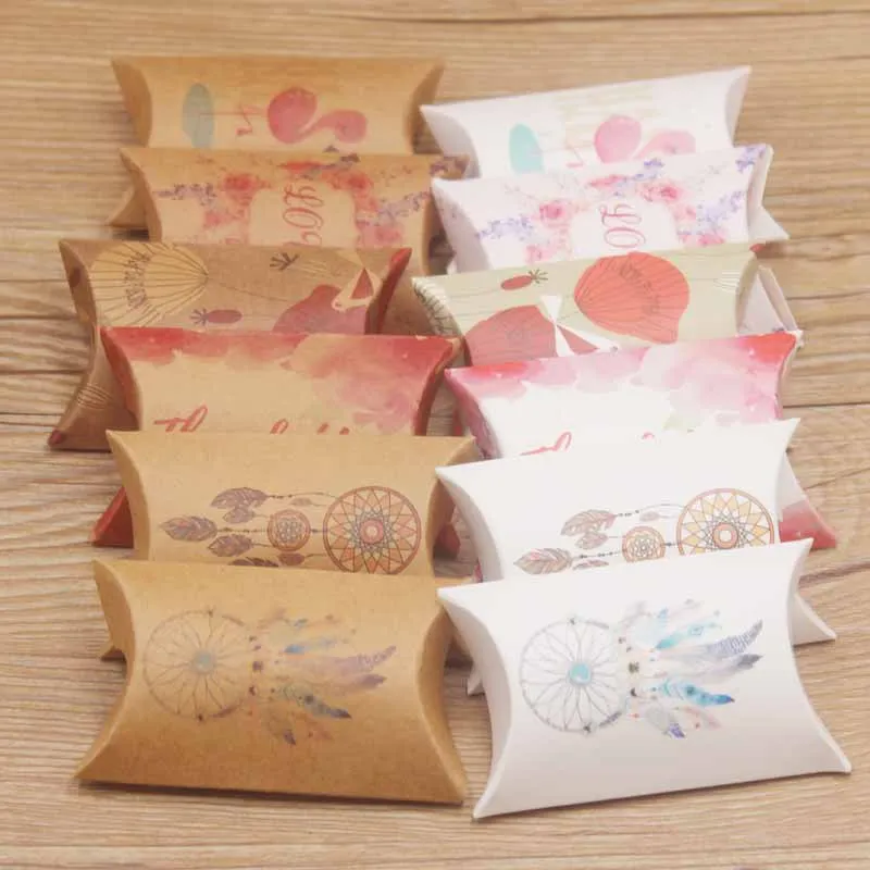 10pcs Kraft Paper Pillow Box Card Jewelry Earring Packaging Packing Organizer Gift Cardboard Supplies 8x5.5x2cm