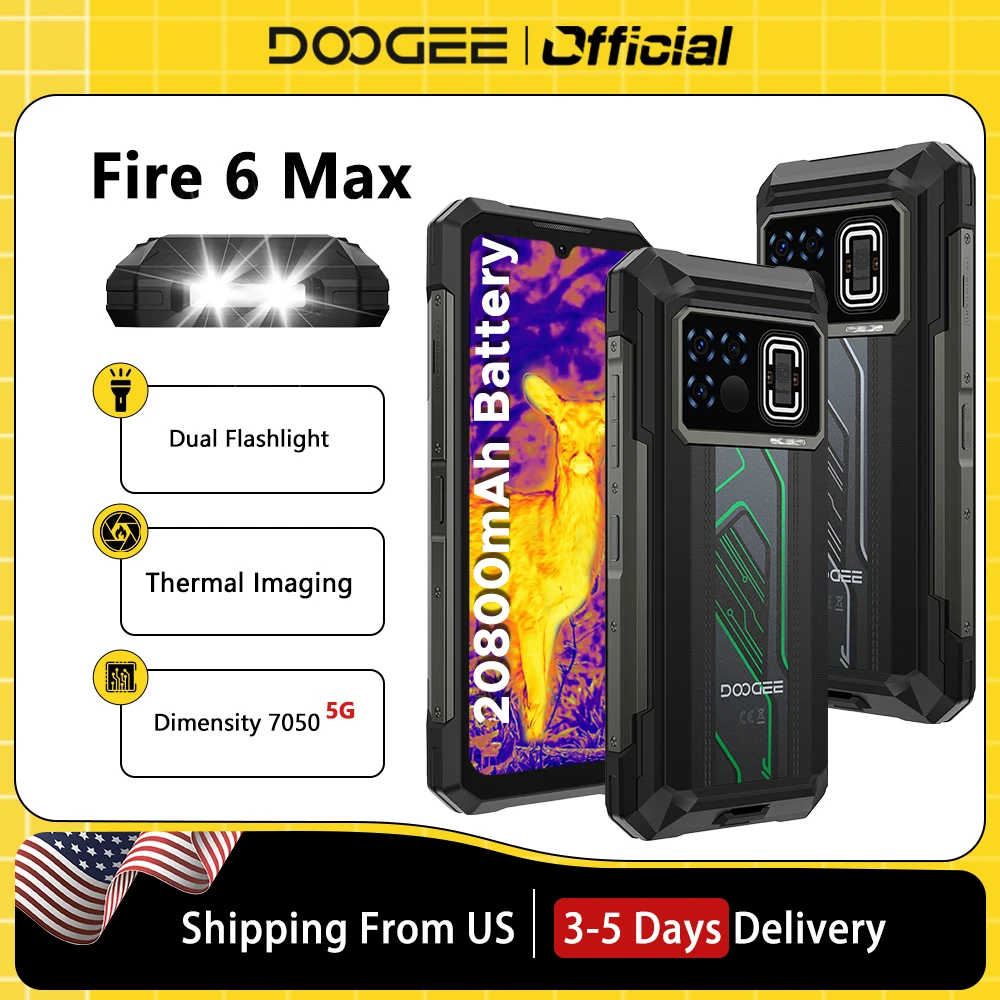Global Version DOOGEE Fire 6 Max 5G Rugged Phone 6.72" Dimensity 7050 8GB 256GB 20800mAh Battery Dual Flashlight Smartphone