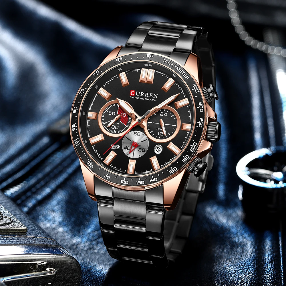 CURREN  New Stainless Steel Quartz Wristwatches for Men Sports Chronograph Watches with Luminous Hands 4