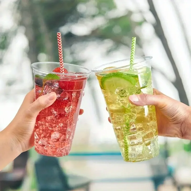 50PCS Plastic Cups with Lids for Milk Tea Fruit Juice Coffee Ice Cream