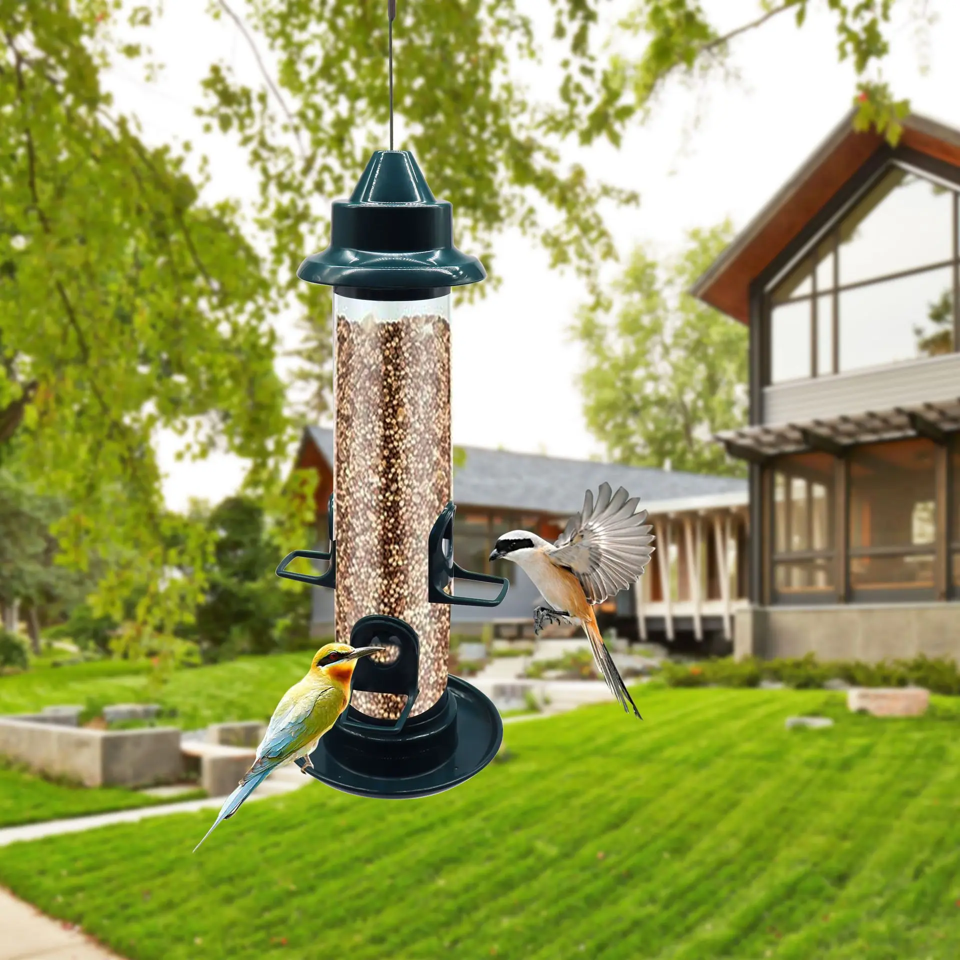 Bird Feeder for Outdoors Hanging Squirrel Proof Wild Bird Seed Feeder with 4 Feeding Ports Plastic Finch for Garden Yard