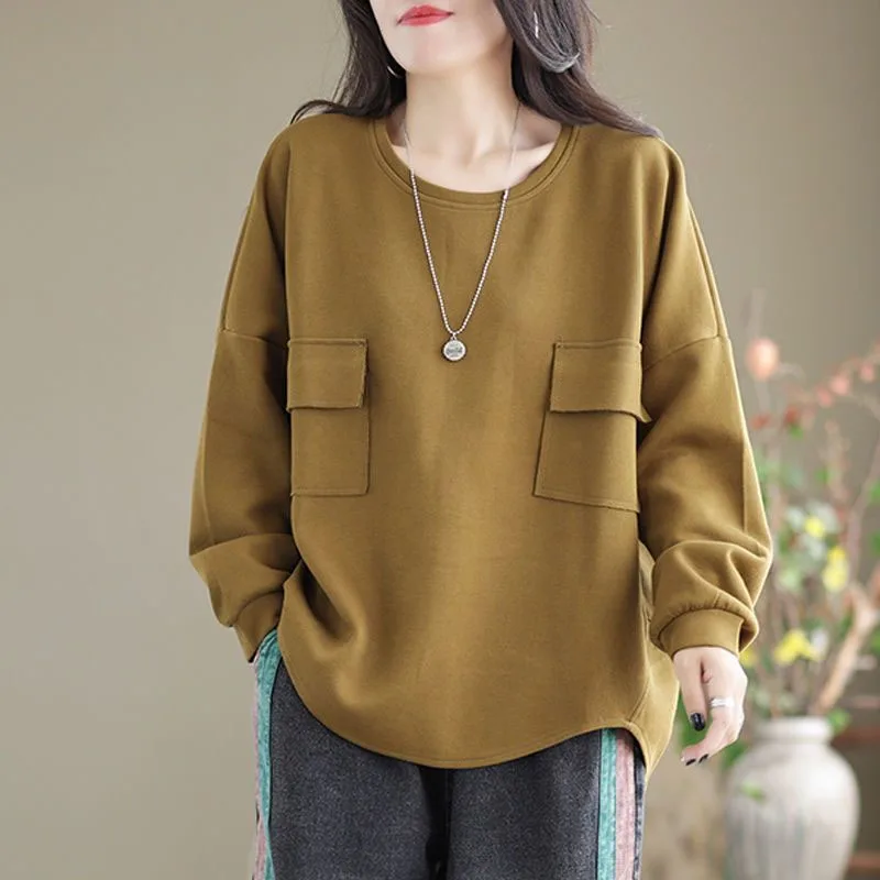 Spring and Autumn Fashion Trend Lazy Patchwork Pocket Round Neck Large Loose Versatile Simple Casual Women's Long Sleeve Sweater