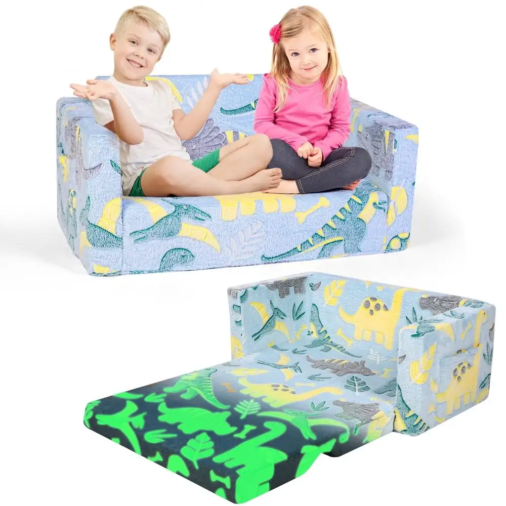 2-in-1 Kids Couch Toddler Chair Foldable Glow in Dark Sofa Recliner Indoor Play Nap Dinosaur Design 2