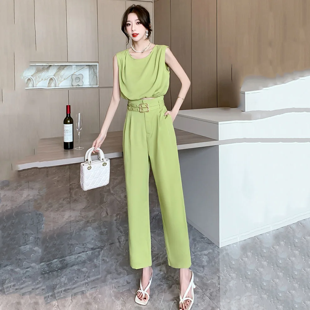 

Summer Outfits For Women 2023New Solid Color Sleeveless Tops + High Waist Loose Straight Suits Pants Elegant Ladies 2 Piece Suit