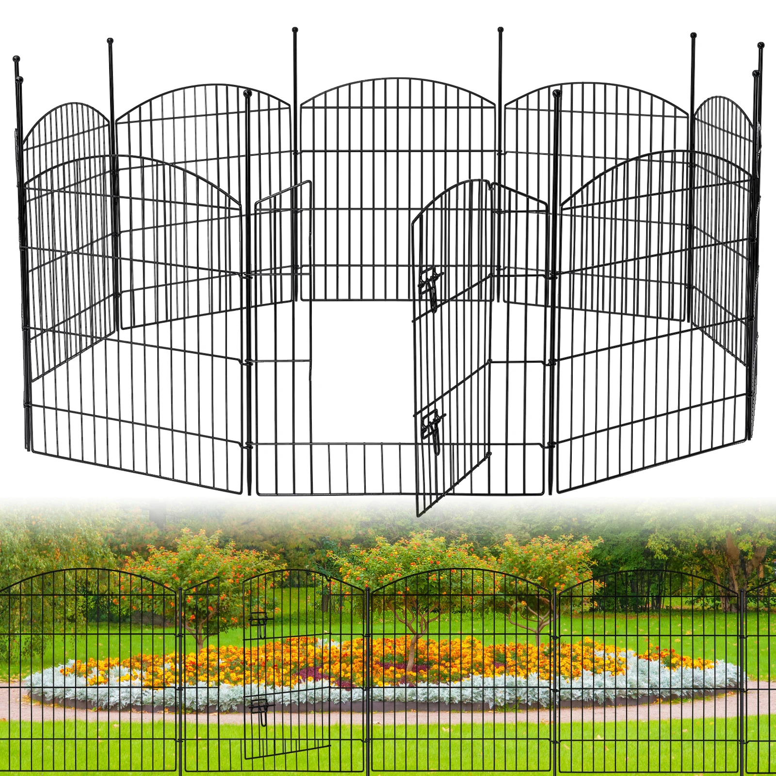 No Dig Decorative Garden Fence with Gate 32in (H) x 24ft (L), 9 Panels + 1 Gate +11 Stakes, Temporary Dog Fencing Outdoor