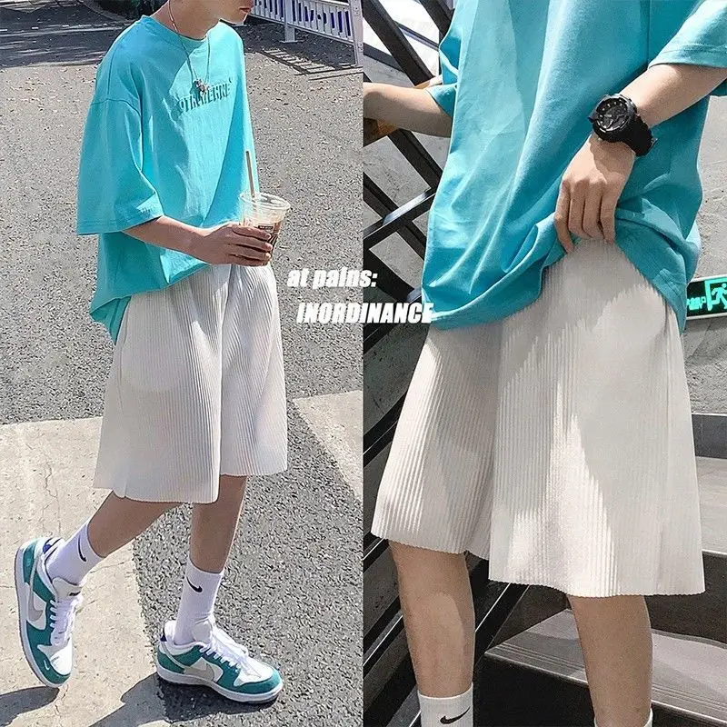 Summer Elegant Fashion Harajuku Slim Fit Ropa Hombre Loose Casual All Match Sports Shorts Solid Pockets Ice Shreds Trousers