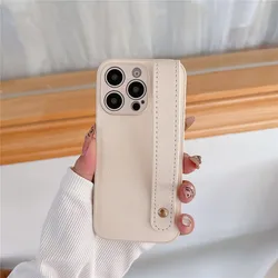 Elegant Leather Wrist Strap Candy Stand Case with Hand Band Holder and Silicone Cover - iPhone 13 (Antique White)