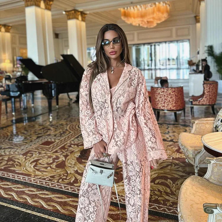 Lace Hollow Out Printed 2 Piece-Set Trousers Female See-Through Sexy See-Through Shirts And Fashion Women's Pants Outfits