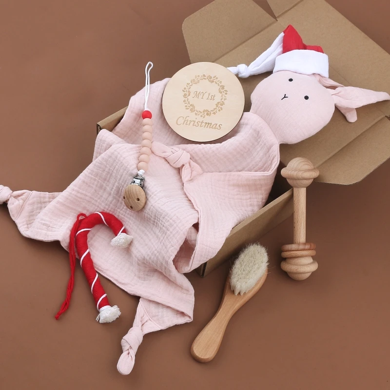 

6PCS Bunny Soothe Appease Towel Beech Wood Rattle Toy Pacifier Chain Clips Hairbrush Newborn Photo Props Christmas Gift