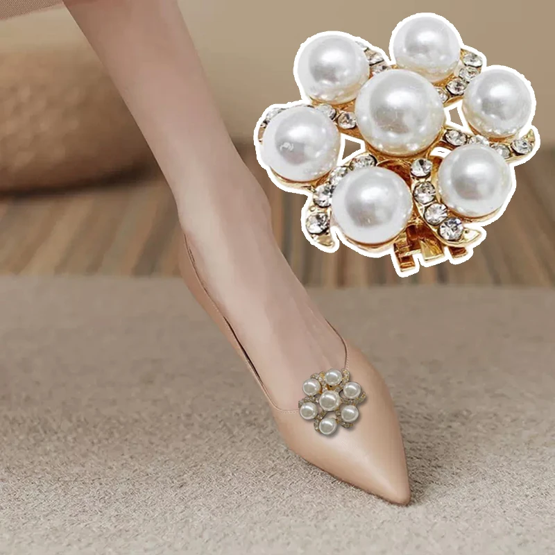 

Pearl Rhinestone Shoe Clips Elegant Metal Flower Shoe Embellishment Detachable Shoe Buckle for High Heels Decoration 2 Pcs