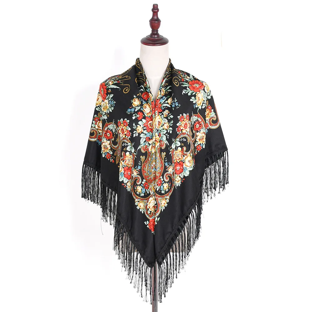 130*130cm Russischer Stil Blumendruck Quadratische Schals Traditioneller Umrissener Ukrainischer Schal Babushka Bandana Kopftücher – Detail 2