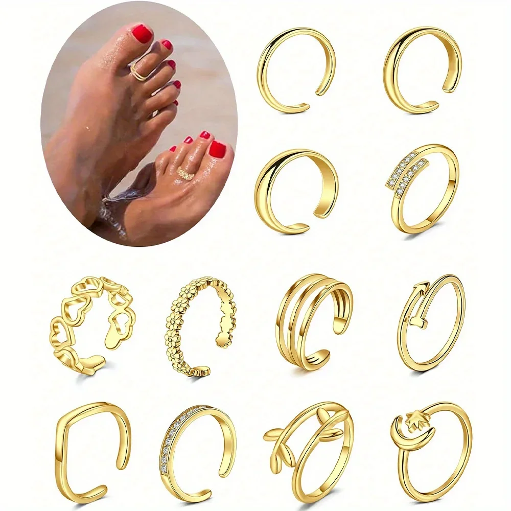 Stainless Steel Toe Ring Pack Set 4pcs Hollow Love Flower Leaves Spot Drill Moon Multi-Style Size Adjustable Summer Beach Must ring set,stainless steel ring,finger ring,adjustable rings