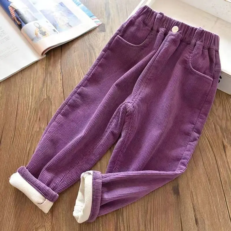 Autumn Winter Corduroy Solid Plus Velvet Kids Pants Harajuku Thick Cute All Match High Waist Fashion kids pants