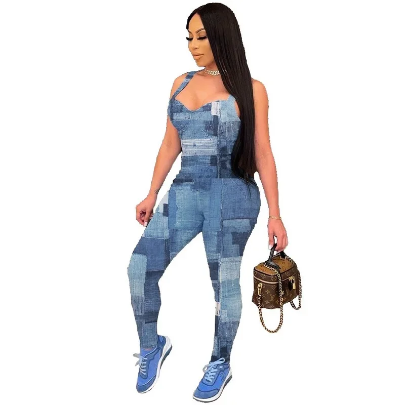 2024 New Fashion Spring Summer Suspenders Imitation Denim Print Jumpsuits Women Patchwork Collage Casual High Waist Slim Rompers