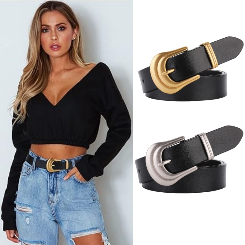 Genuine Leather Women's Belt Black Belt with Gold Buckle Western Belts for Women Black Leather Belt Retro Waist Belts