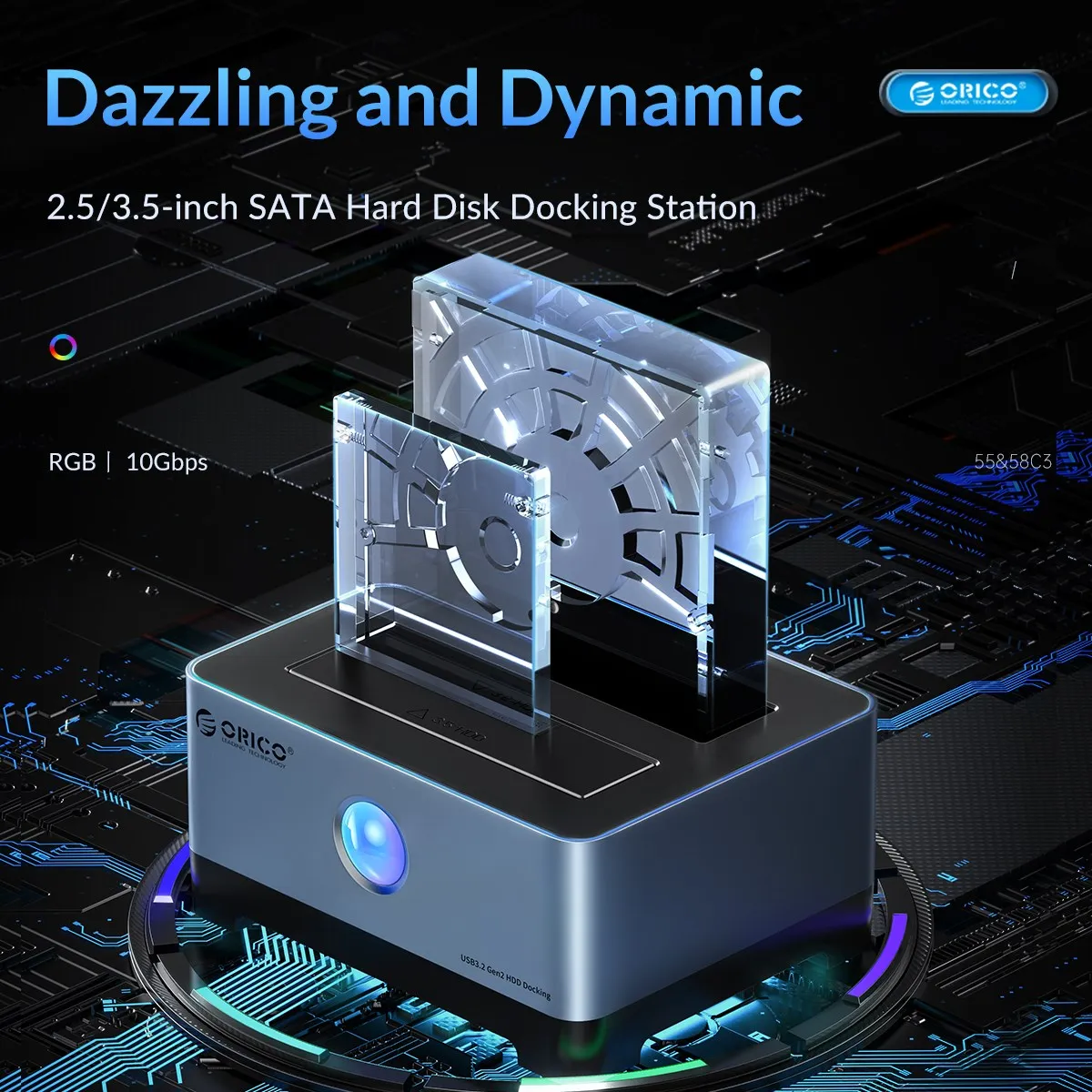 Orico Rgb Hdd Docking Station Tipo-c Alumínio 2.5 3.5 Polegada Hdd Case Rgb Cyberpunk Design 10gbps Velocidade Rápida Baía de Disco Rígido para pc - Imagem 5