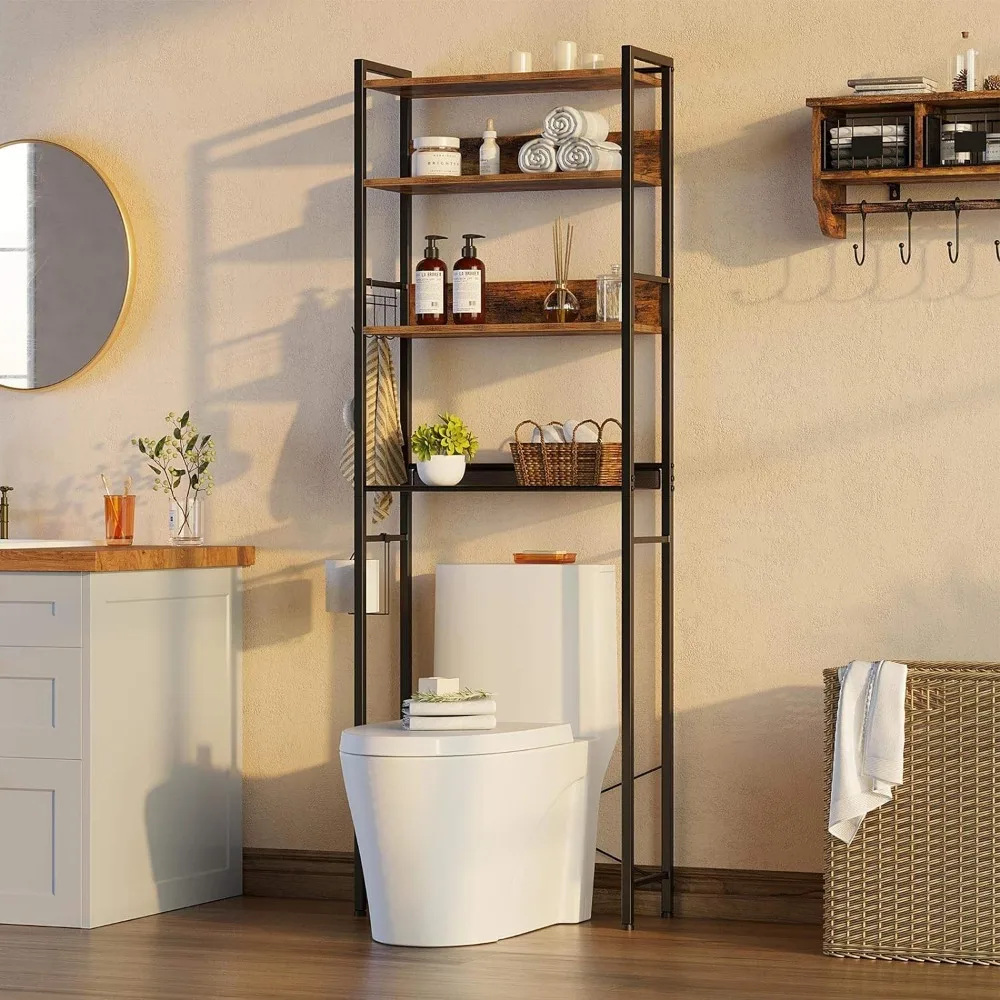 Rolanstar Over The Toilet Storage 4-Tier Wooden Bathroom Space Saver with Hooks Freestanding Bathroom Organizer bathroom furniture