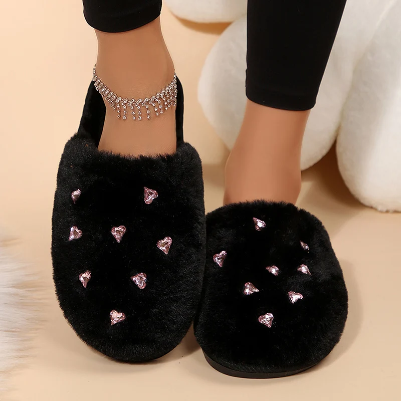 Luxury Crystals Furry Slippers Women Autumn Winter Indoor Home Warm Plush Slides Woman 2025 Non Slip Sole Cotton Shoes Female