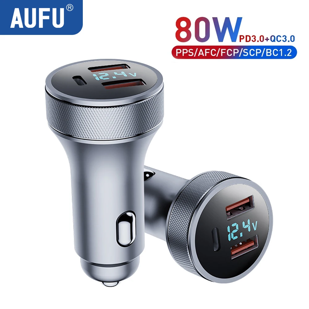 

AUFU 80W Car Charger USB Type C Fast Charger QC 4.0 3.0 PD 36W Quick Charging for iPhone 15 Laptops Xiaomi Mobile Phone Charger