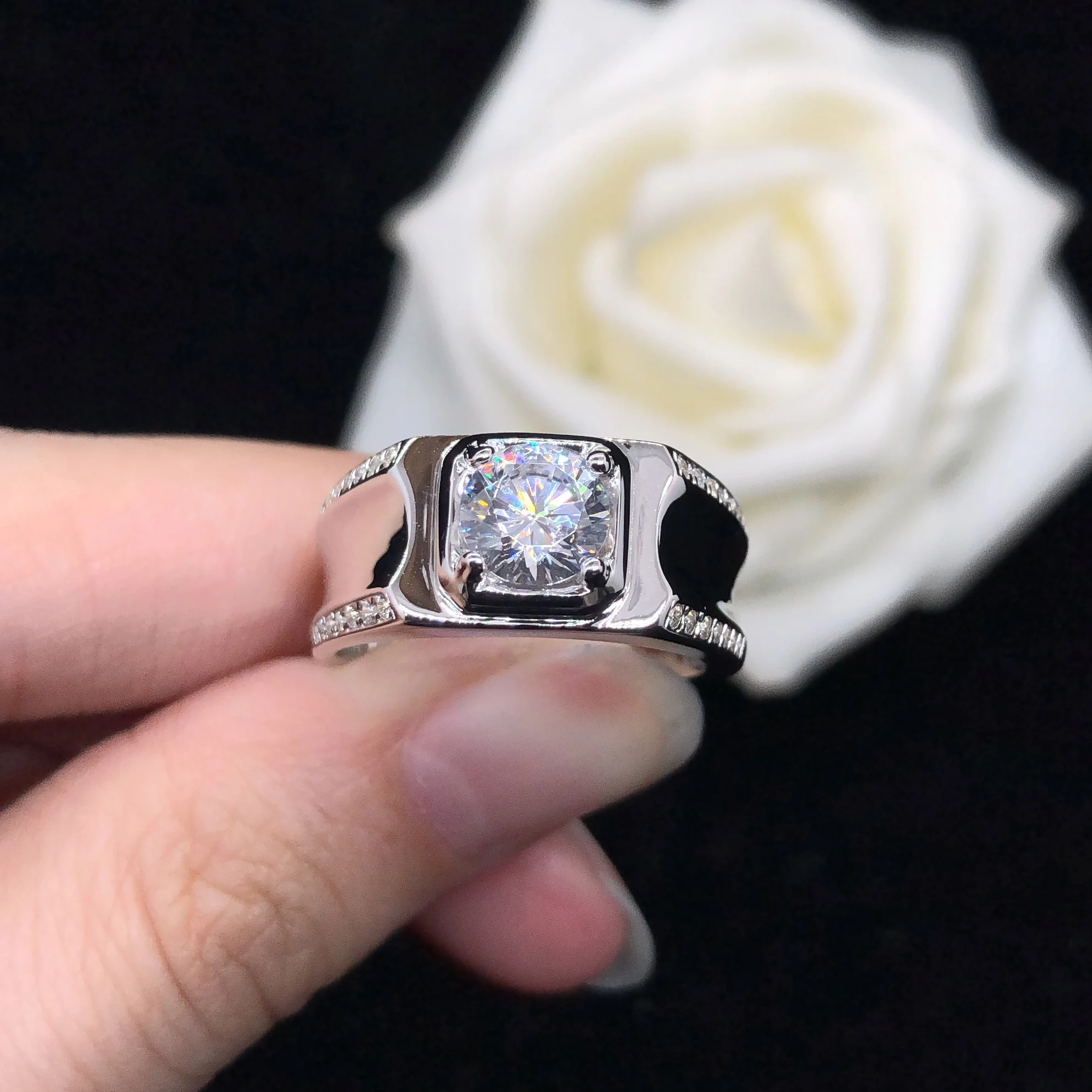 Simple Jewelry 0.5/1/2/3 Carat Round D Color VVS1 Clarity Moissanite Male Ring AU585 14K White Gold R072 2