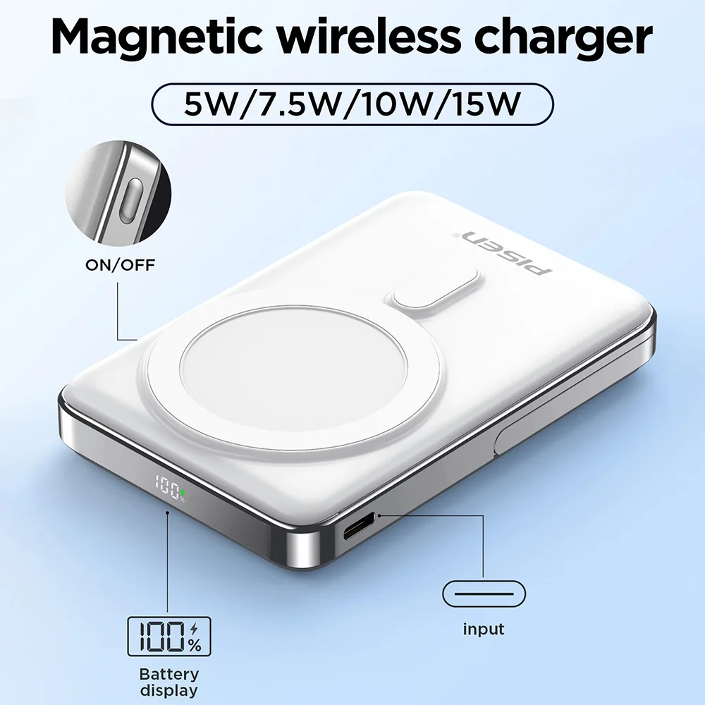 PISEN 30W 10000mAh Magnetic Wireless Power Bank with Stand LED Digital Display Fast Charging External Battery for Samsung Xiaomi 5