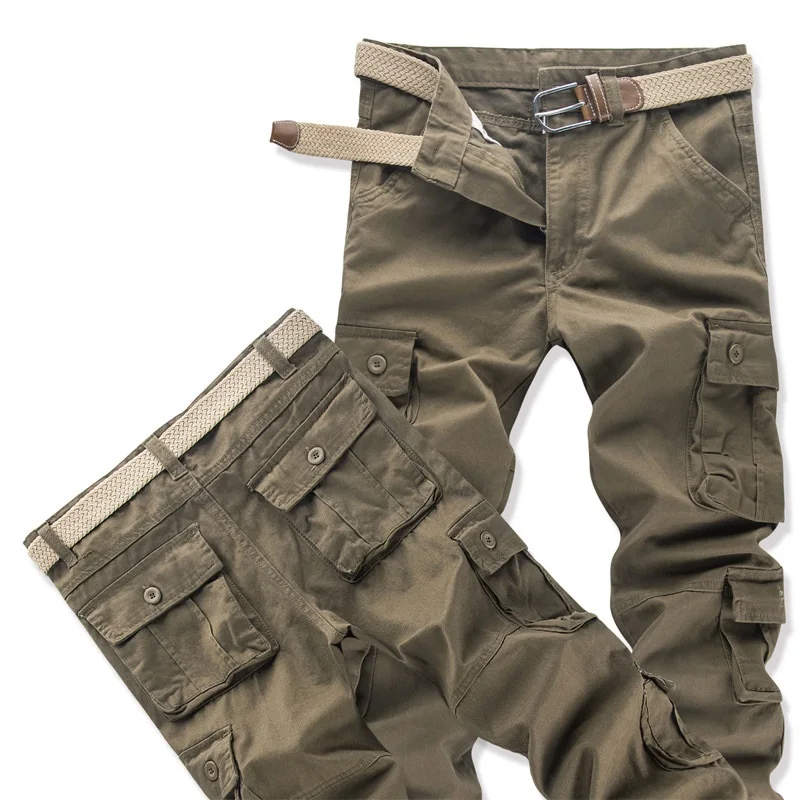 Men Spring Autumn Cargo Pants Casual Pure Cotton Multi Pockets Straight Slacks