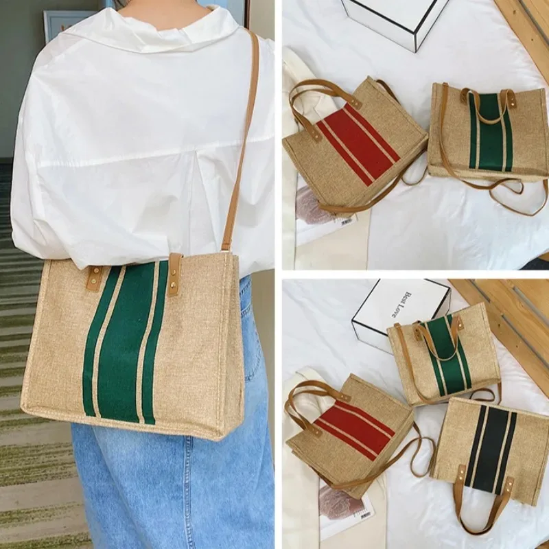 Women's simple large capacity casual shoulder crossbody bag canvas striped decorative bucket shaped handbag top handle handbag