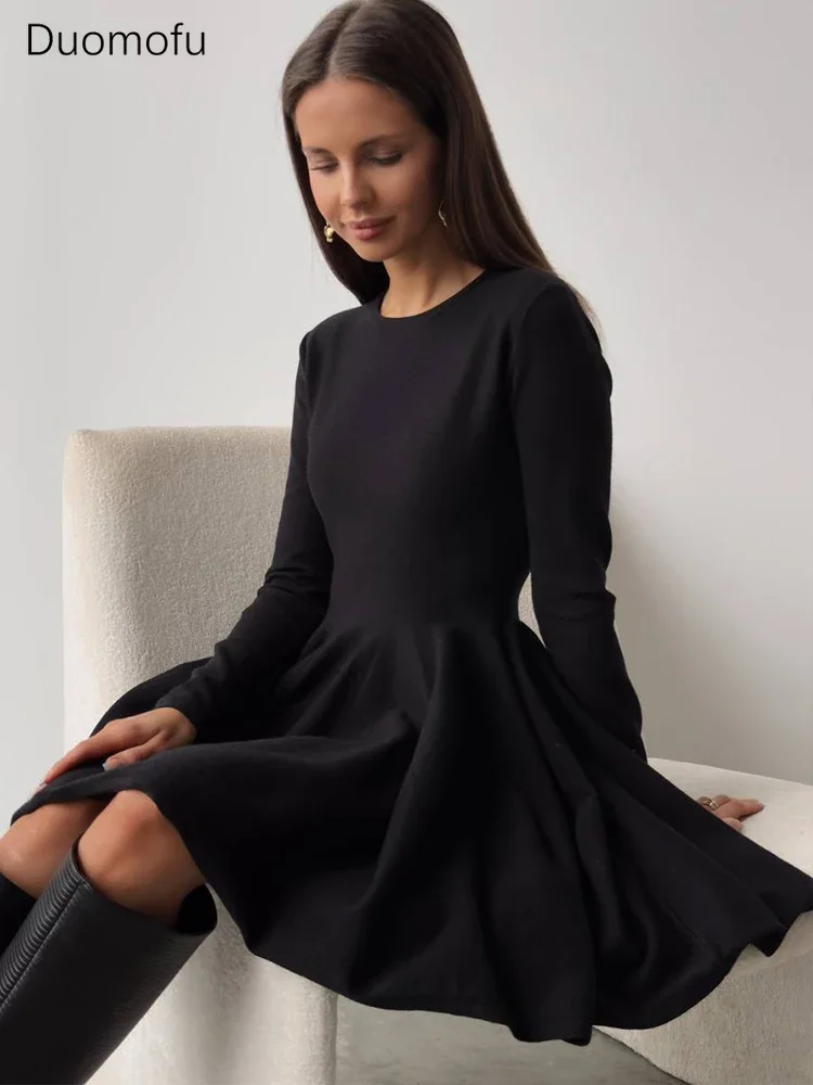 Duomofu Knit Mini Dresses Women Autumn Winter Long Sleeve Sweater Dress  Female Elegant Fashion Slim A Line Pleated Dress Vestido - AliExpress