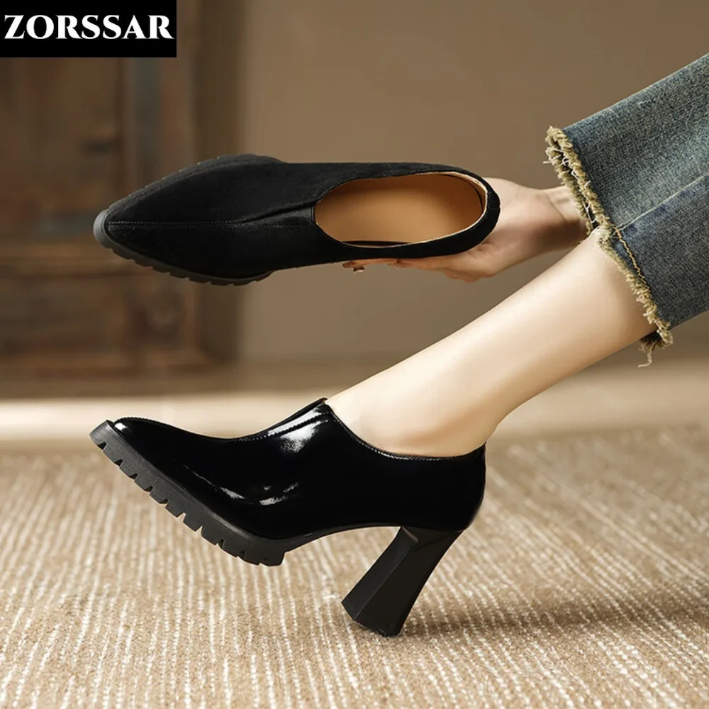 

Women's Boat Shoes Kid Suede Elastic High Heels Pointed Toe Pumps Metal Toe Basic Pump for Female Black Ol Office Shallow Shoes