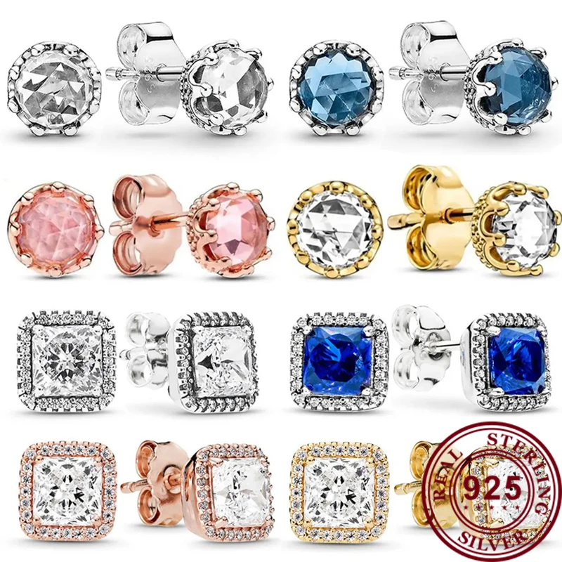 Hot selling 925 sterling silver rose gold shiny square crystal logo women's crown earrings DIY fashionable charm jewelry gift high grade women square led jewelry waist crown jewelry brooch badge box fashion simplicity jewellery storage packaging case
