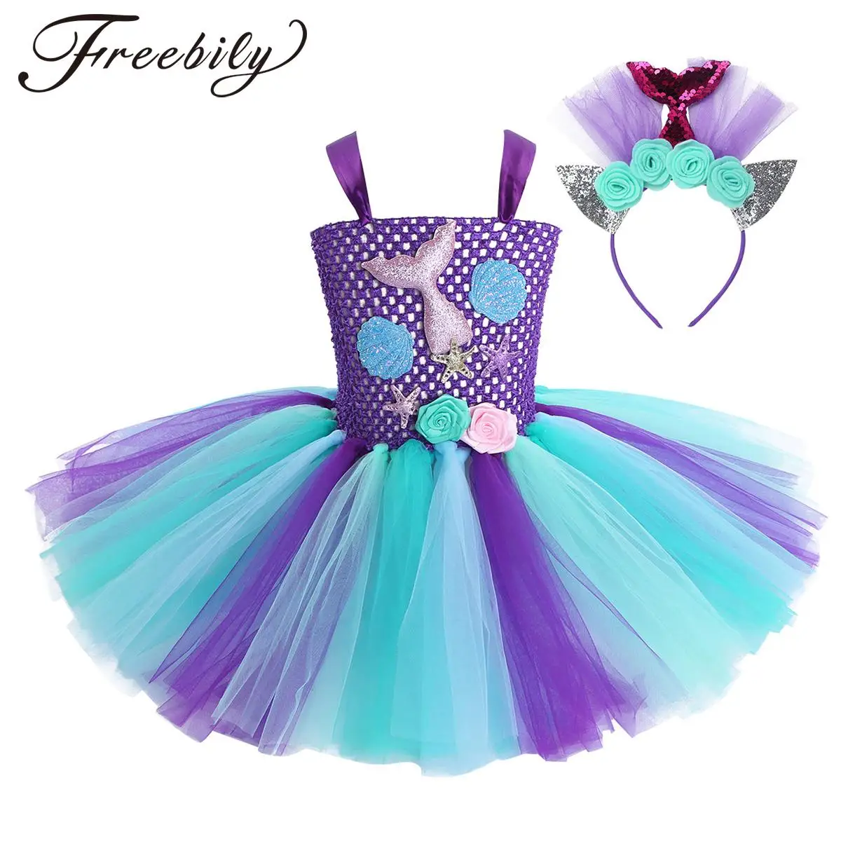 

Kids Girls Mermaid Princess Outfits Sleeveless 3D Applique Shiny Dress Mesh Tutu with Hair Hoop Halloween Cosplay Party Dress Up