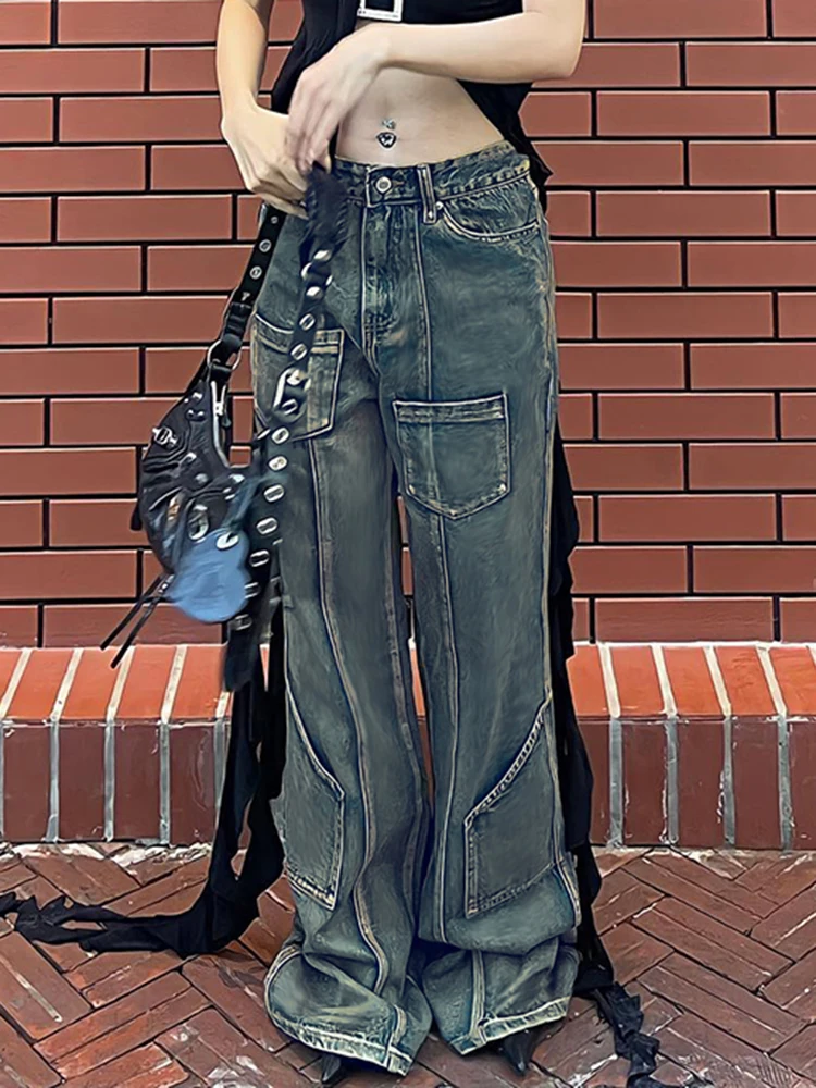 Y2K Grunge Pockets Cargo Jeans Low Waisted Tie Dye Vintage Trousers Women Streetwear Korean Aesthetic Jeans Punk Hippie