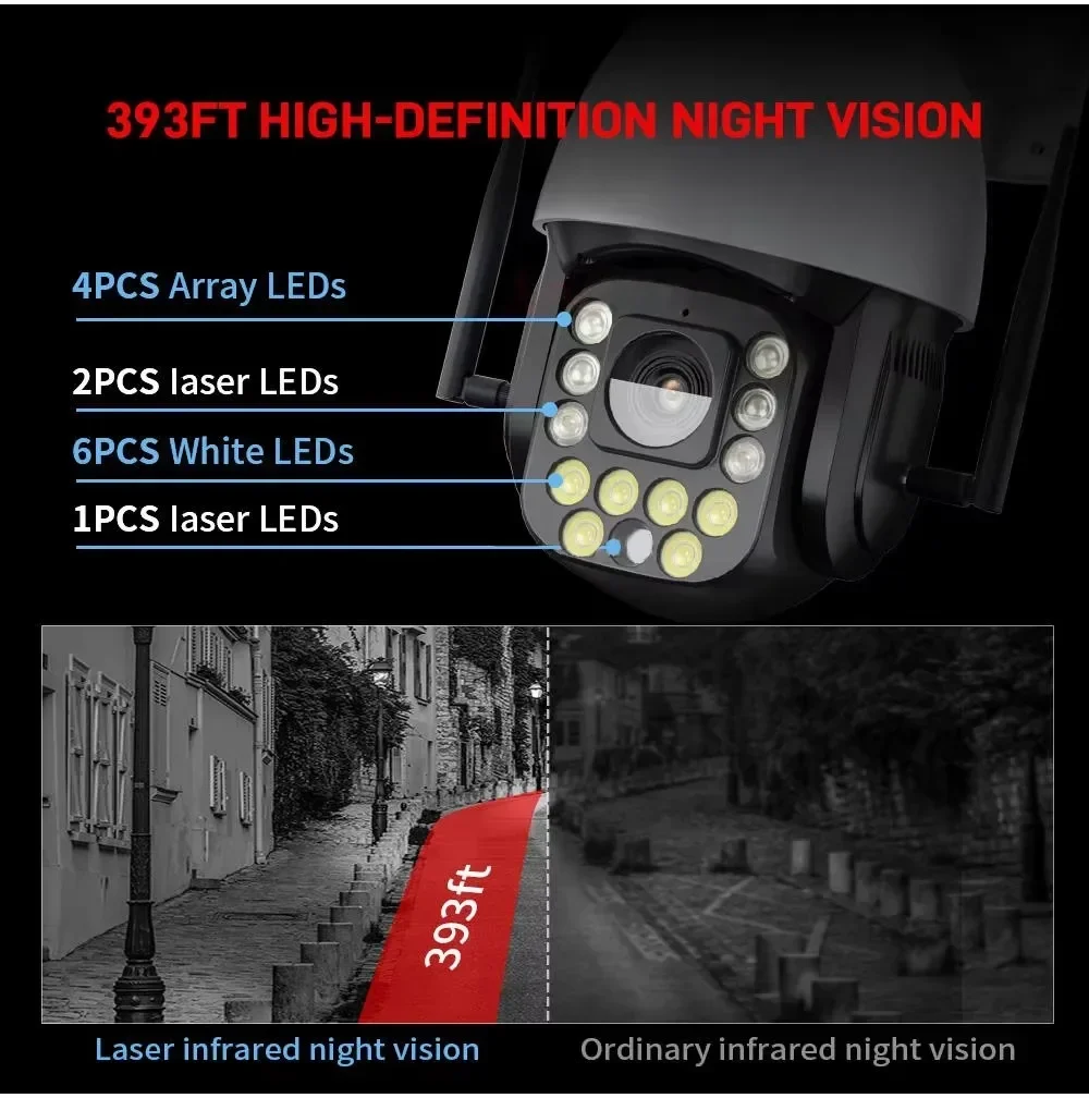 8인치 와이파이 5MP 4K IP 카메라 50배 광학 줌 레이저 IR 야간 투시 인체 감지 야외 보안 4G 심 카드 8MP PTZ 카메라