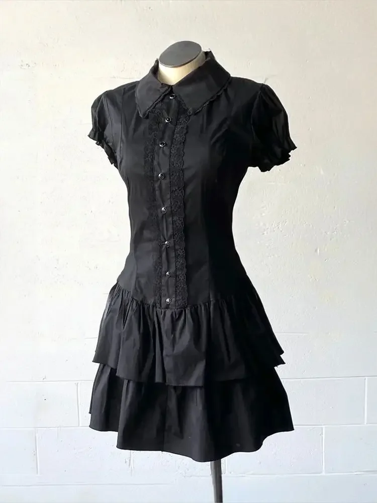 Vintage Black High Street Patchwork Gothic Dress with Bow and Lapel Details
