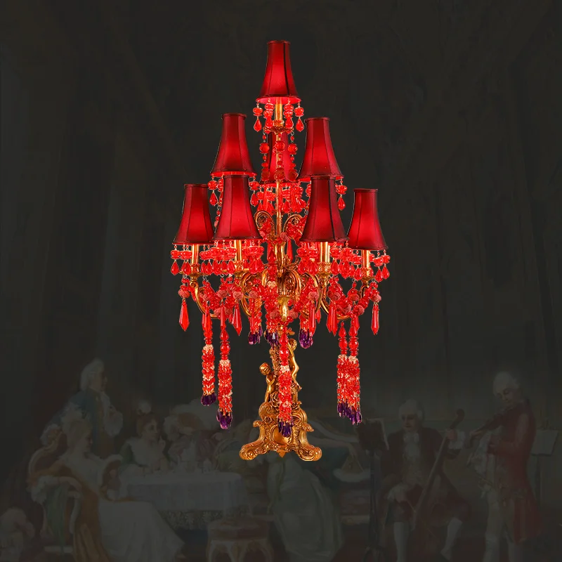 

French Retro Home Decor Brass Red Shade Desk Light European Style Living Room Study Copper Crystal Led Table Lamp